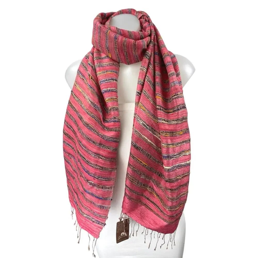 NEW Shinawatra Red Multicolor Striped 100% Silk Fringe Shawl Wrap Scarf OS